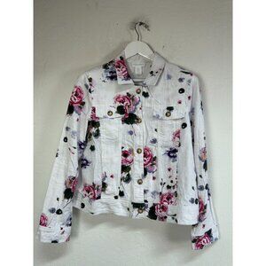 Cynthia Rowley Women’s Floral Button-Front Denim Jacket Large White Red Casual